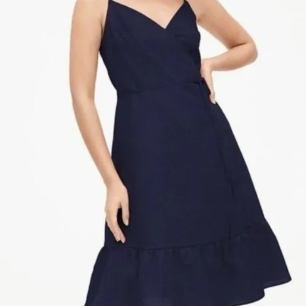 Gap Ruffle True Wrap Linen Dress Navy V-Neck Midi Knee Length - Picture 2 of 6